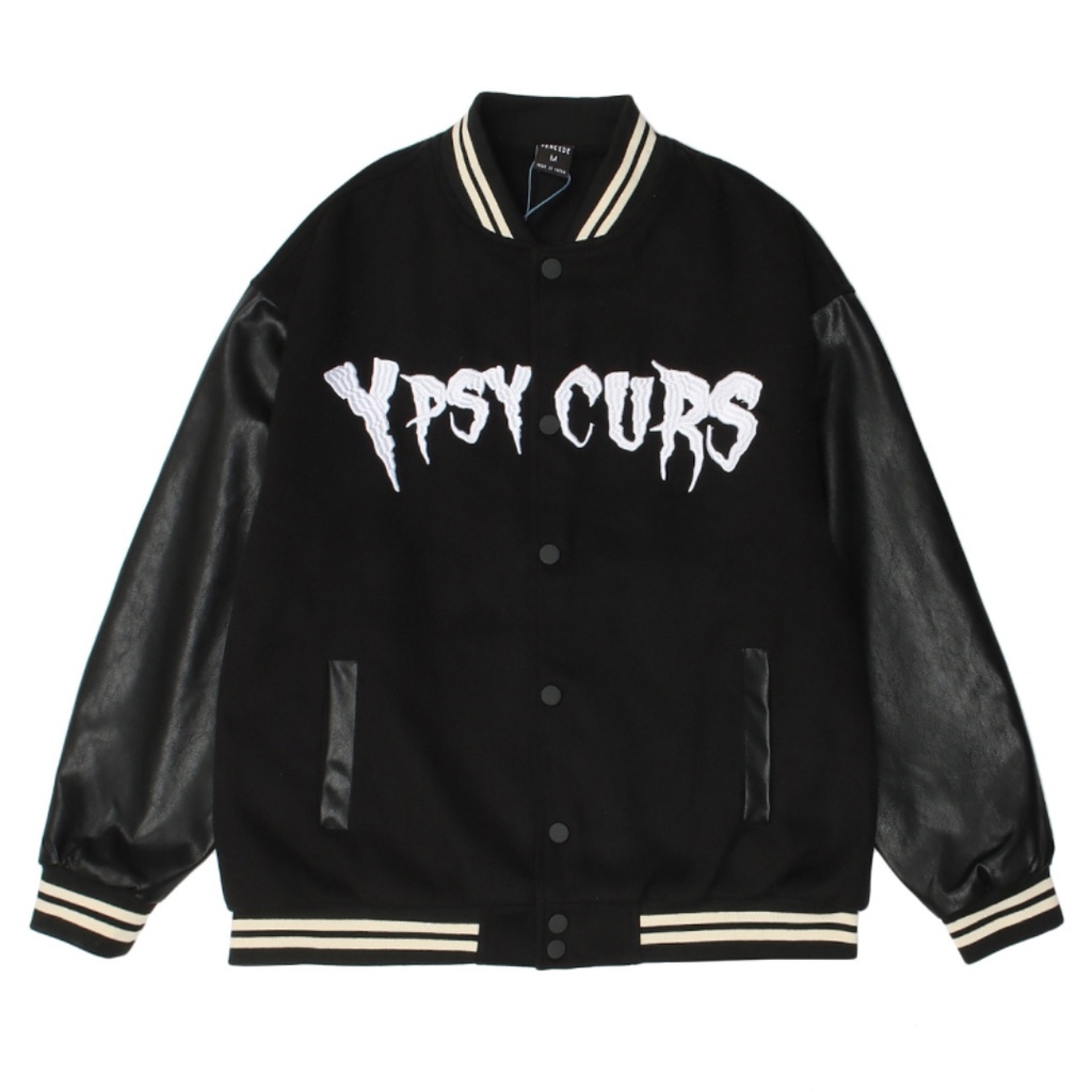 Áo Khoác Nỉ Tay Phối Da YPSY ❤ Áo Bomber Chữ Thêu Nam Nữ Phong Cách Hàn Quốc - Hàng nhập khẩu