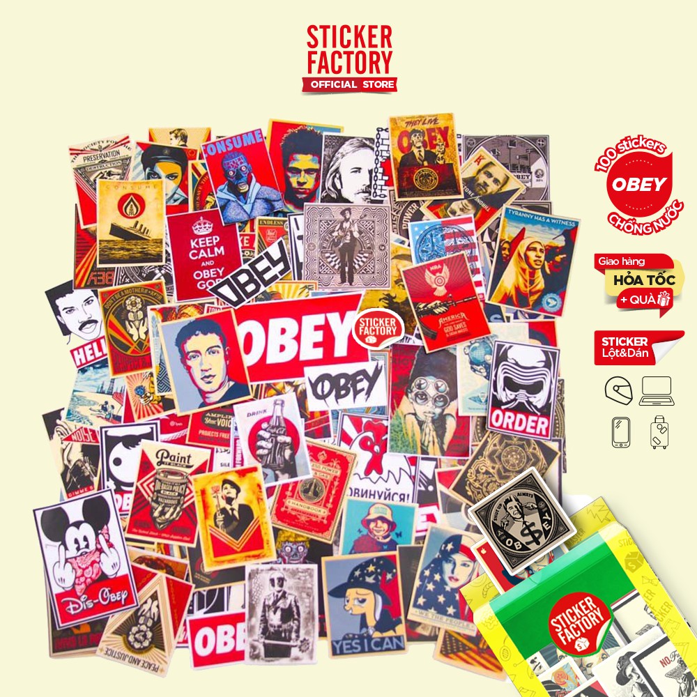 Obey - hộp set 100 sticker decal hình dán nón bảo hiểm , laptop, xe máy, ô tô - STICKER FACTORY