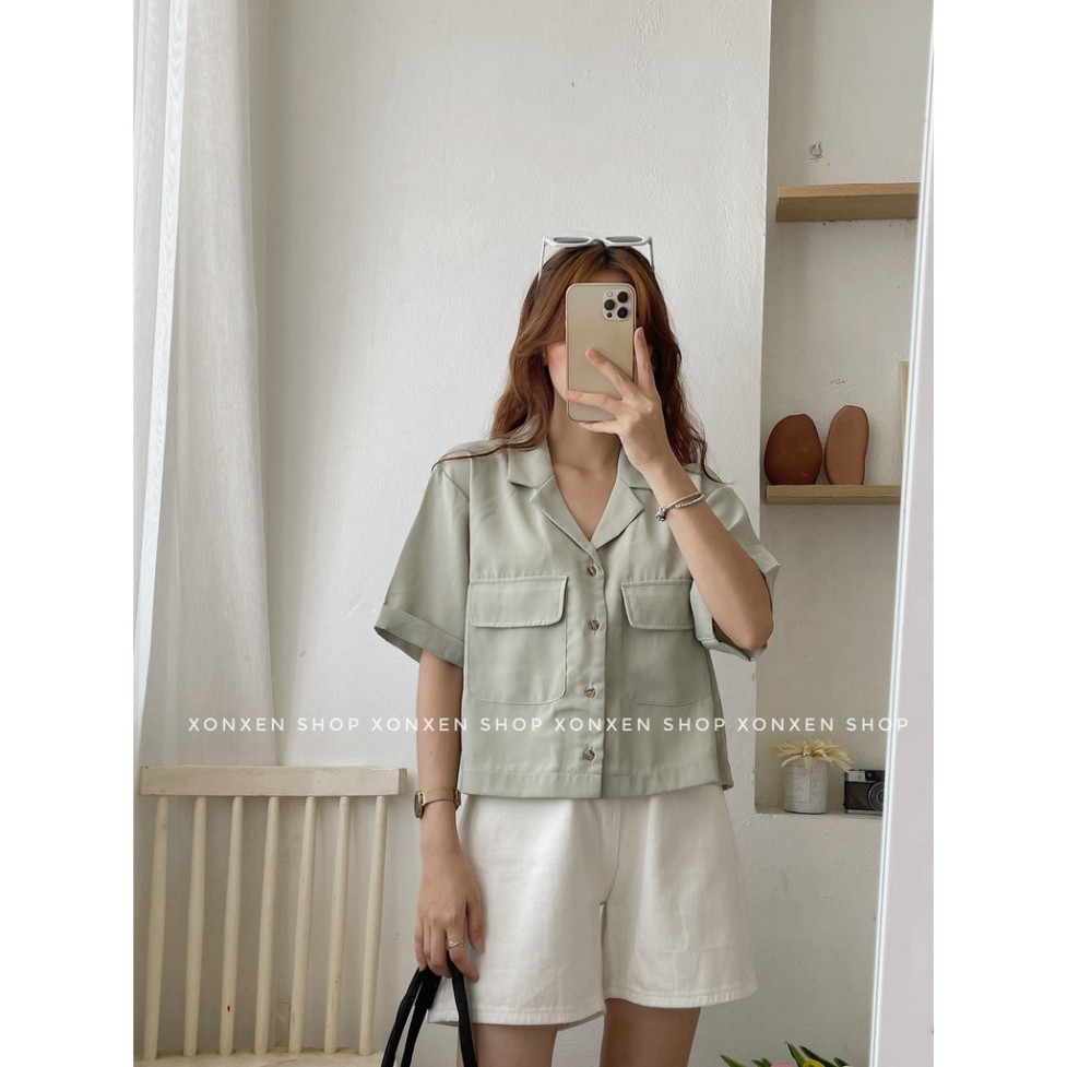 ÁO SƠ MI NỮ XONXEN SHOP, áo sơ mi cổ vest túi trước, freesize, mã 43