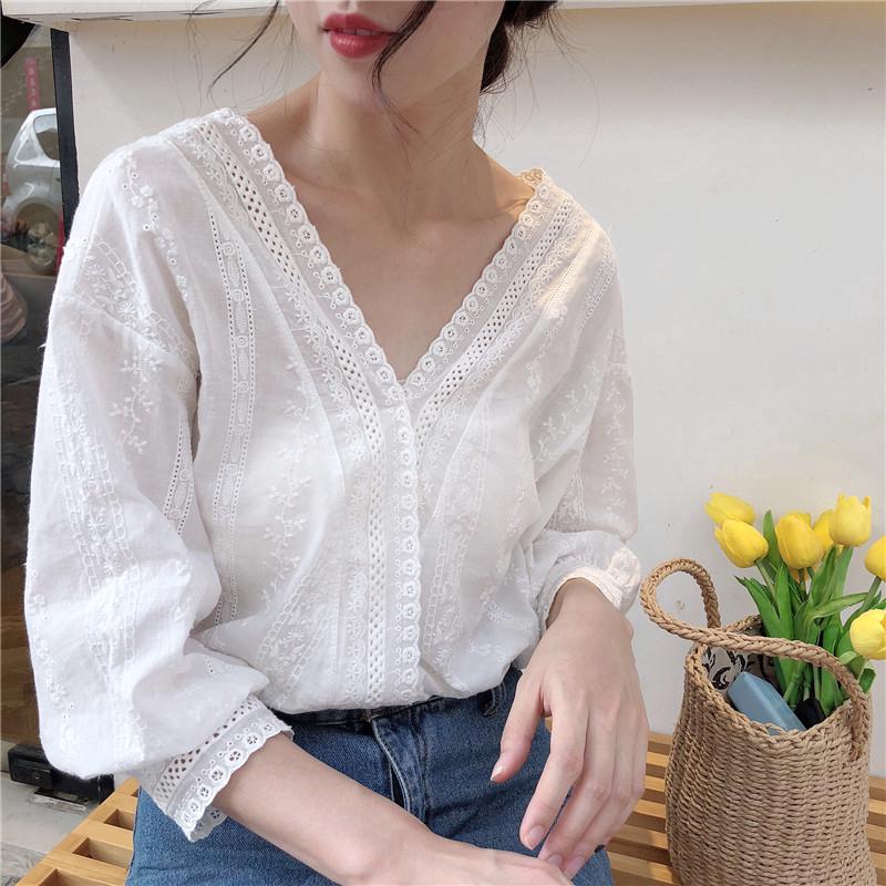 Áo Sơ Mi Ren Trắng Rời Size Lớn Cổ Chữ V 3 / 4 Áo Sơ Mi Tay