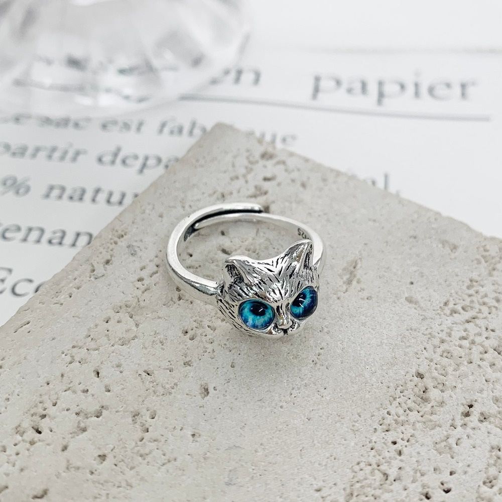 Nhẫn Hở Hình Mèo Mắt Xanh Dương Dễ Thương Có Thể Điều Chỉnh Màu Bạc Phong Cách Gothic Cho Nữ