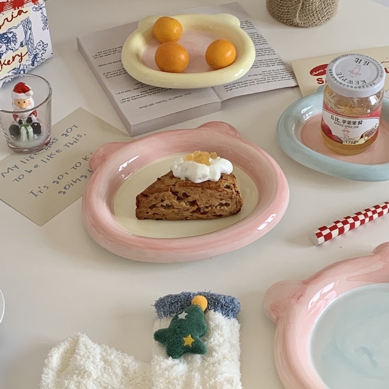Đĩa sứ viền 3d ăn đồ ngọt, decor tạo hình trái tim, đĩa hình gấu, bông hoa màu pastel, bát đĩa trang trí độc lạ
