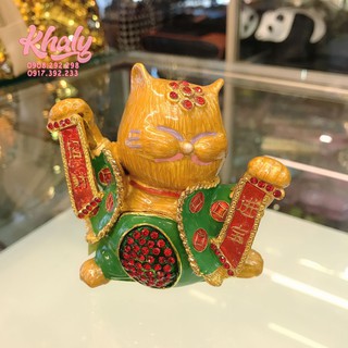Mèo phong thủy thần tài may mắn bằng gỗ có đính hột đỏ lấp lánh siêu xinh - MEOTTGO