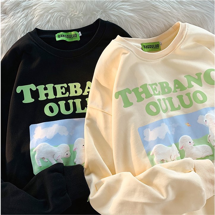 Áo sweater nữ PEWARN dáng rộng in họa tiết chú cừu dễ thương phong cách Hàn Quốc
