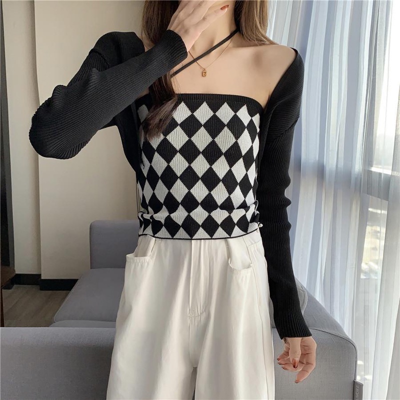 IELGY  Set Áo Hai Dây + Áo Choàng Ngắn Kẻ Caro Riêng Biệt Cho Nữ [Order]