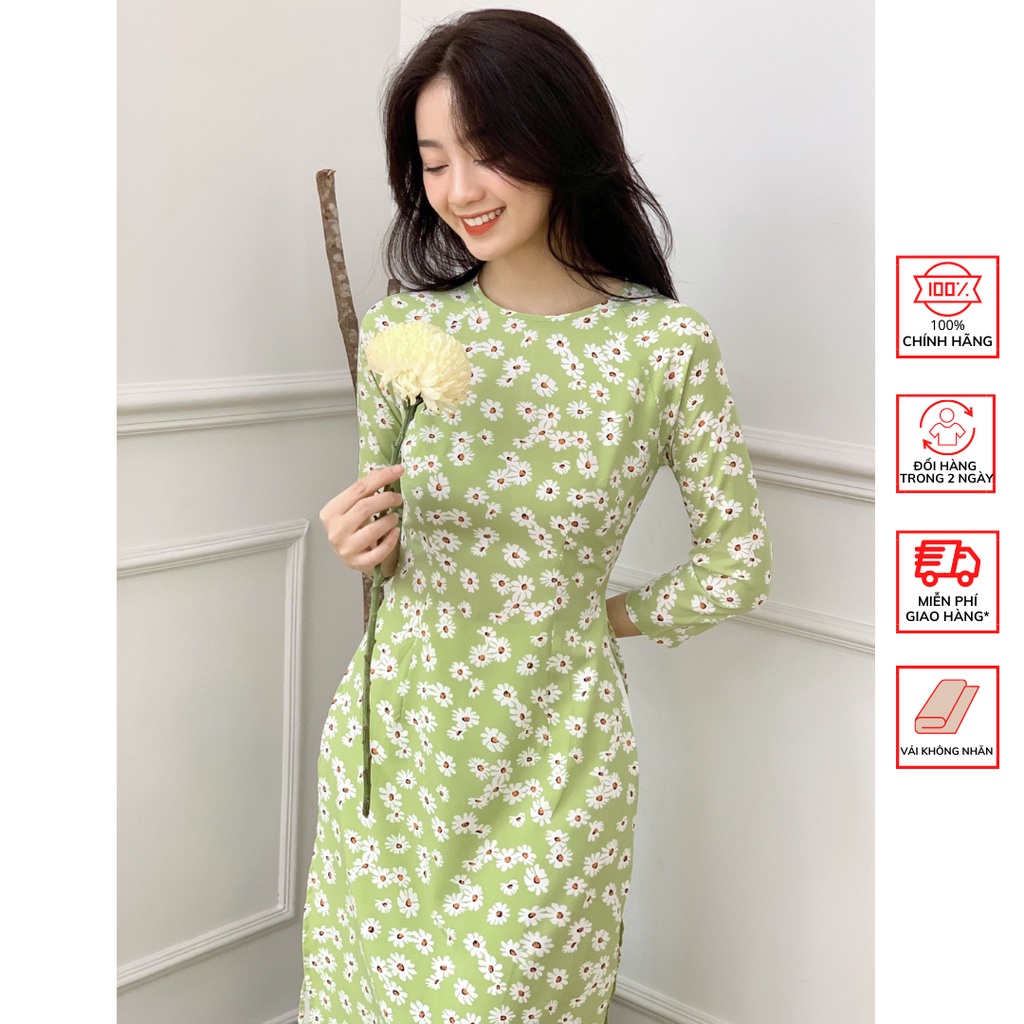 Áo Dài FOR HER Hoa Cúc Xanh Lá AD01573