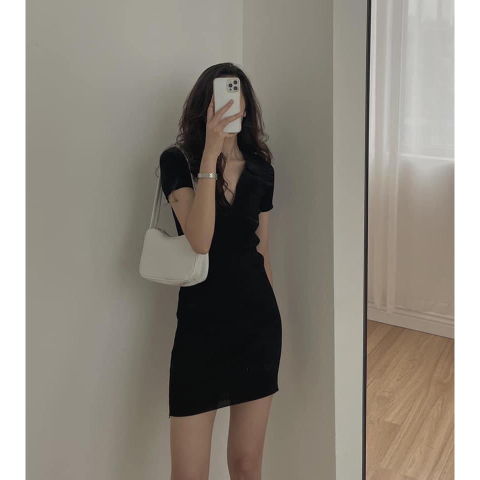 Váy Thun Tăm Polo Cổ V Nữ - Đầm dáng ngắn ôm body cộc tay cổ tim thiết kế sexy, cá tính Ulzzang | BigBuy360 - bigbuy360.vn