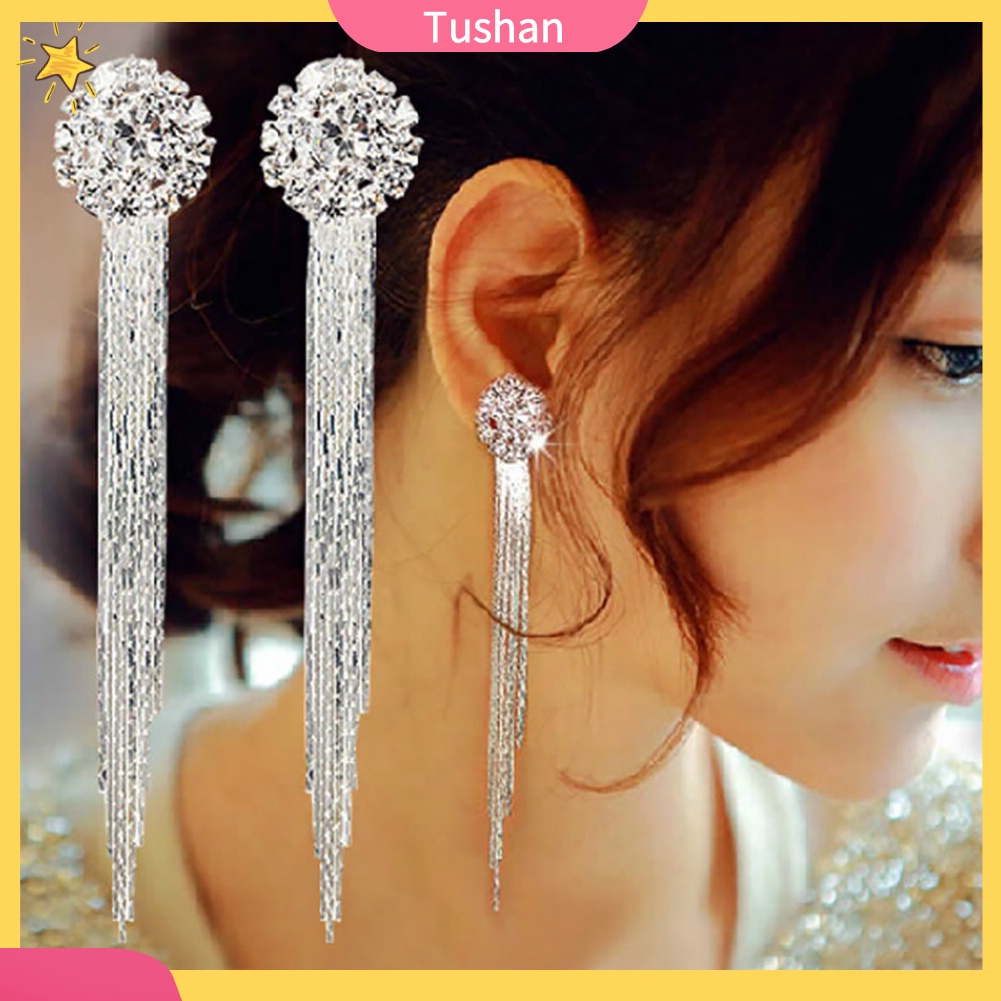 Đôi khuyên tai dây dài tua rua đính đá xinh xắn cho nữ