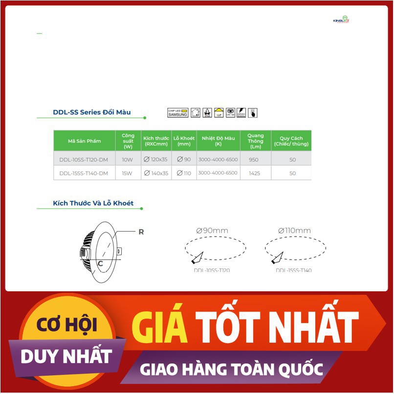 Đèn led âm trần ĐỔI MÀU KINGLED DL-SS-DM Công suất 6w - 8w -10W -12w-15W [HÀNG CHÍNH HÃNG] - BẢO HÀNH 2 NĂM💖