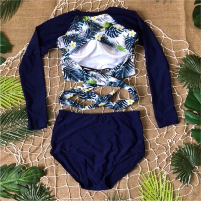 Bikini /đồ bơi tay dài hoa lá quần cạp cao [ẢNH THẬT] | BigBuy360 - bigbuy360.vn