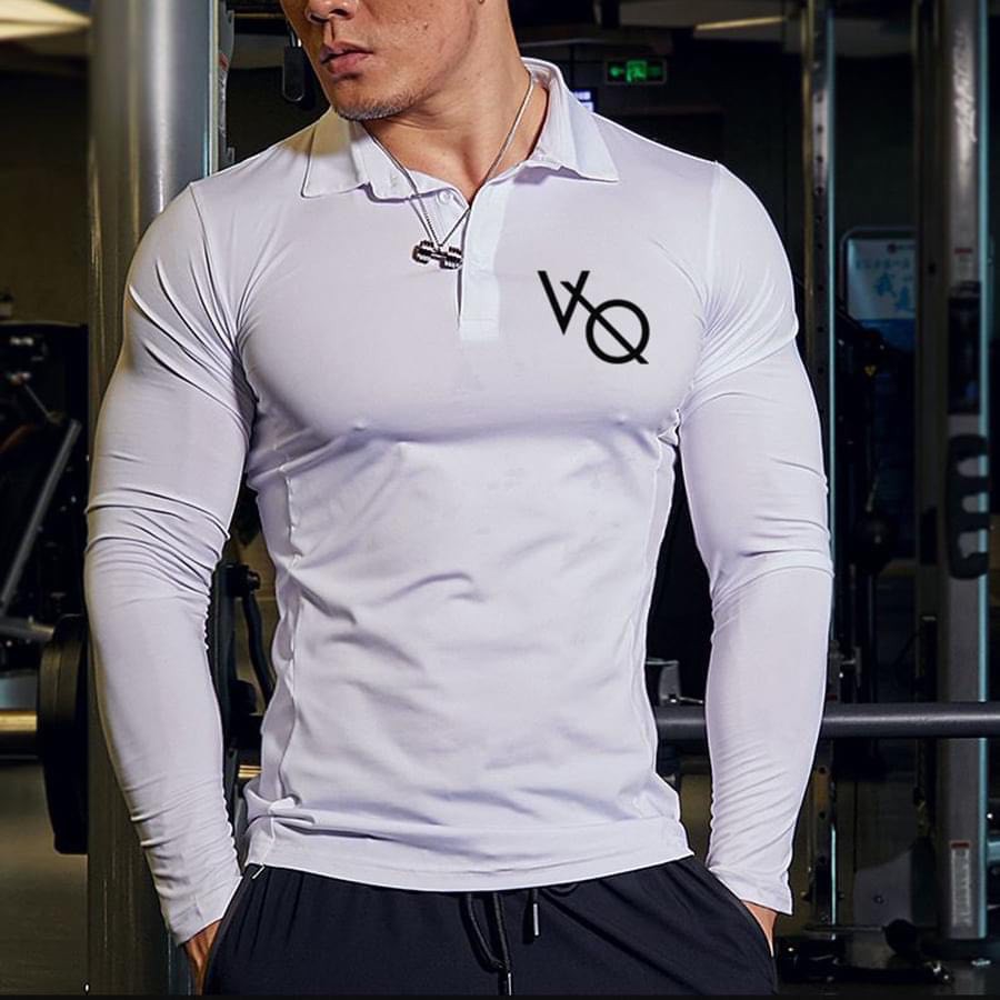 Áo tập gym nam dài tay VQ, Áo gym nam thun cotton, Có Cổ, Cổ cao, ôm body