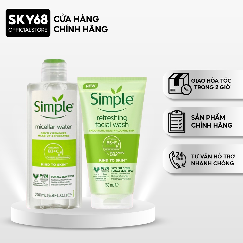 Combo 2 Sản Phẩm Giúp Lấy Đi Hết Bụi Bẩn, Bã Nhờn Và Lớp Trang Điểm Simple Kind To Skin (Tẩy trang 200ml + SRM 150ml)