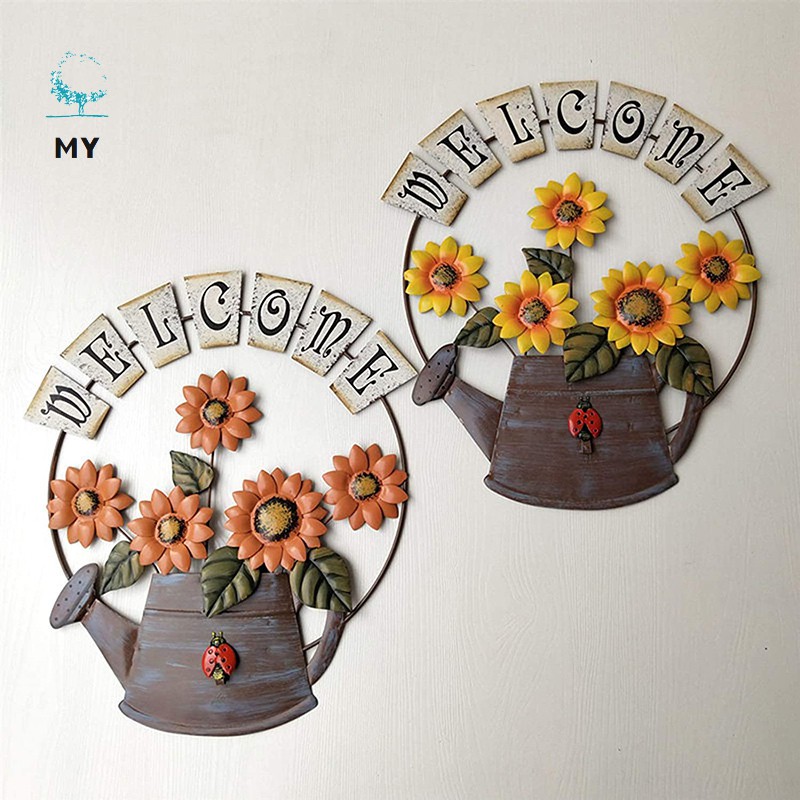 Sunflower Ornaments Wrought Iron Art Pure Hand-Painted Coloring Retro Hanging for Living Room Bedroom Wall Decor