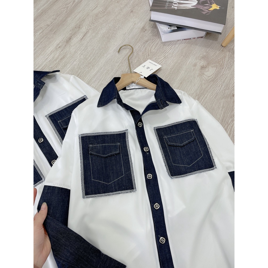 Áo sơ mi trắng nữ dáng rộng phối bò  chất thô mềm mại cá tính SM029 | BigBuy360 - bigbuy360.vn