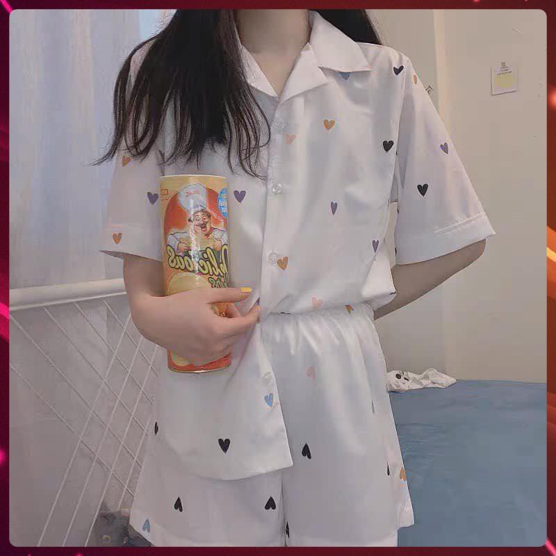 [FreeShip] Bộ PIJAMA Lụa Cao Cấp, Bộ Đồ Ngủ Nữ Trái Tim, Quần Áo Ngủ Nữ Đẹp Form Rộng