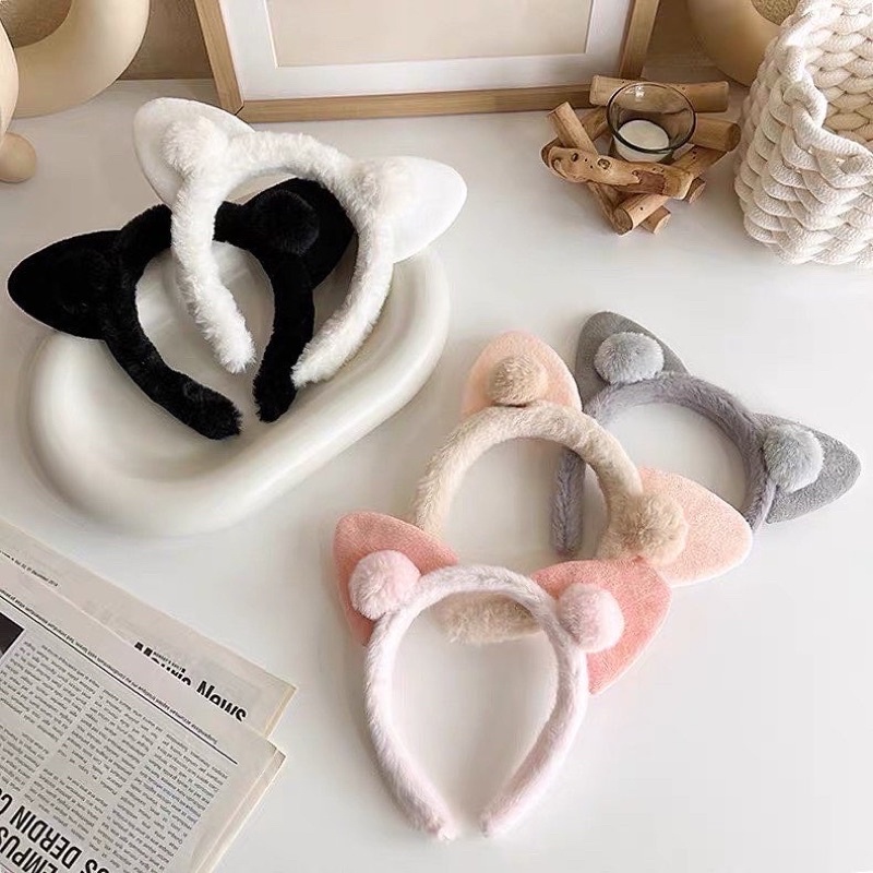 Cài tóc băng đô mèo bông cute skin care rửa mặt
