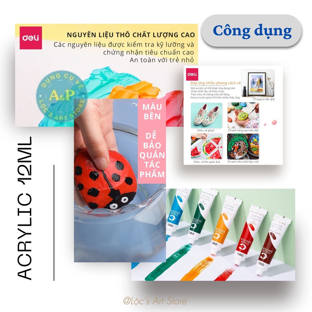 [Lộc's Art Store] Bộ Màu ACRYLIC Vẽ Vải / Áo / Giày / Tường Cao Cấp DELI Dạng Tuýp 12ML  (Bộ 12/18/24 Màu)