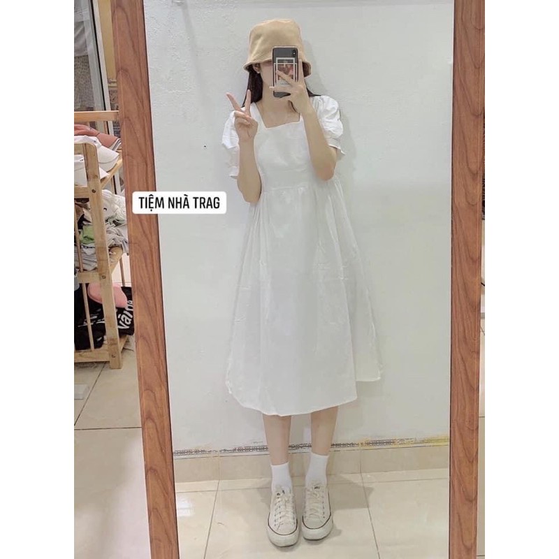 Váy Trắng Trễ Vai Tay Cộc Cổ Thuyền - Đầm Cổ Vuông Bo Chun Tay Phồng Hot Ảnh Thật | BigBuy360 - bigbuy360.vn