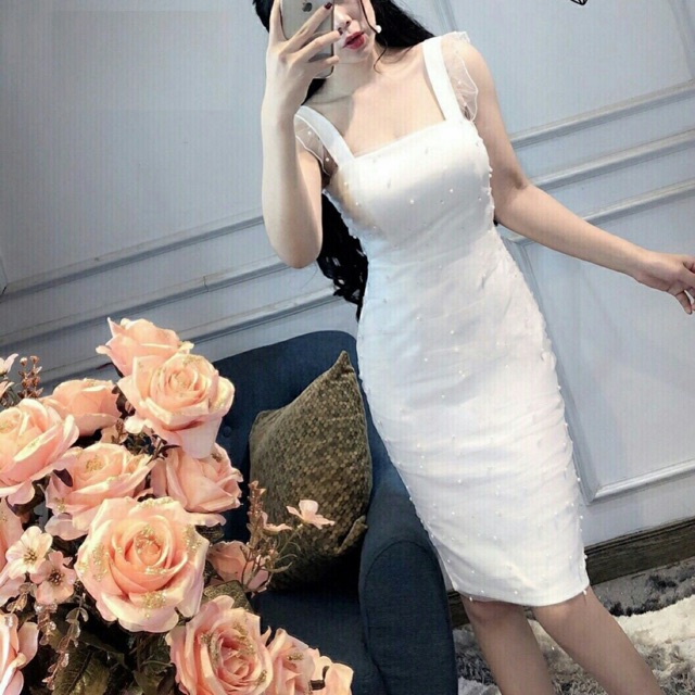 Váy body phối lưới đính hạt trai cực yêu (36-40kg)
