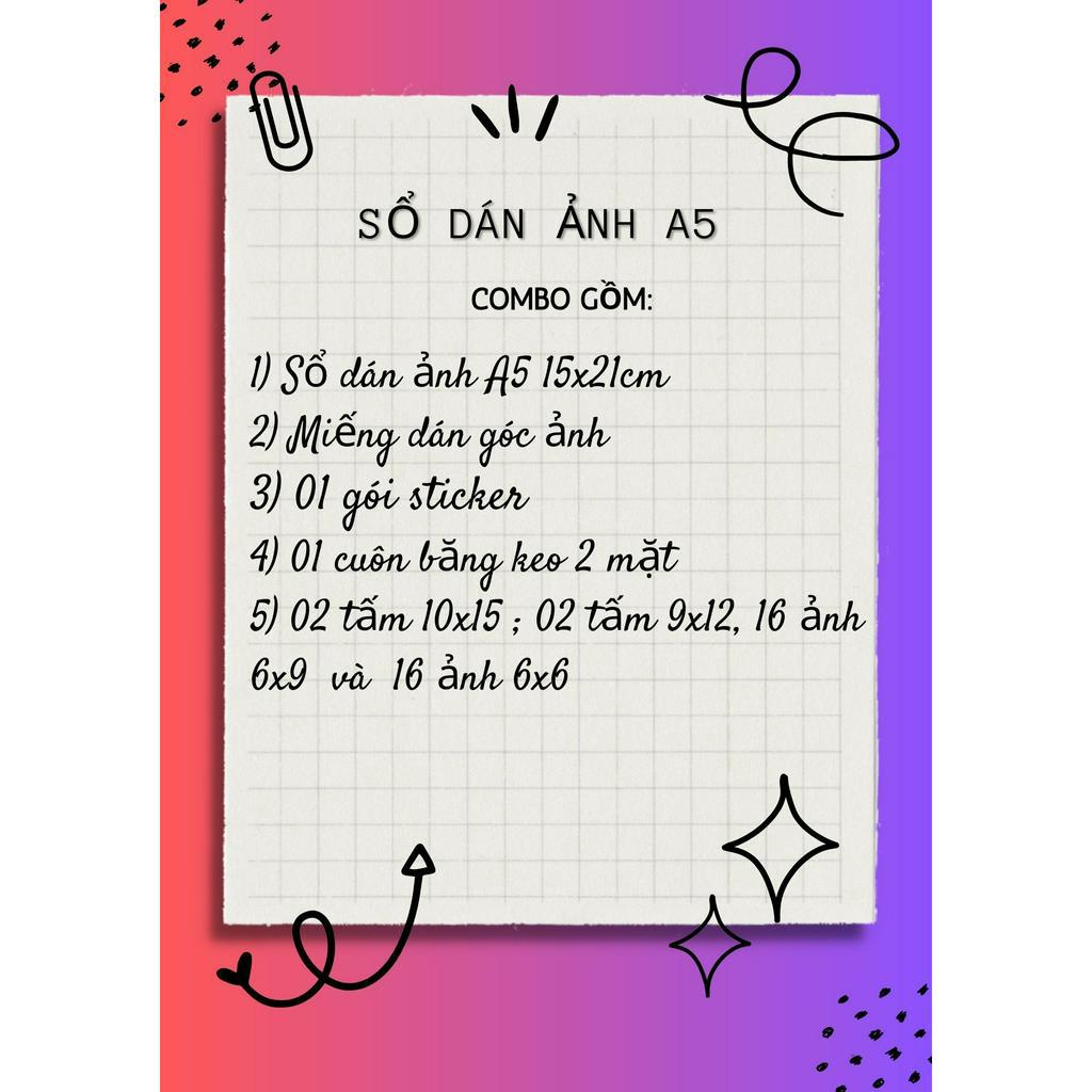 Combo sổ dán ảnh lò xo 20 trang A5 15x21, kèm in ảnh và sticker