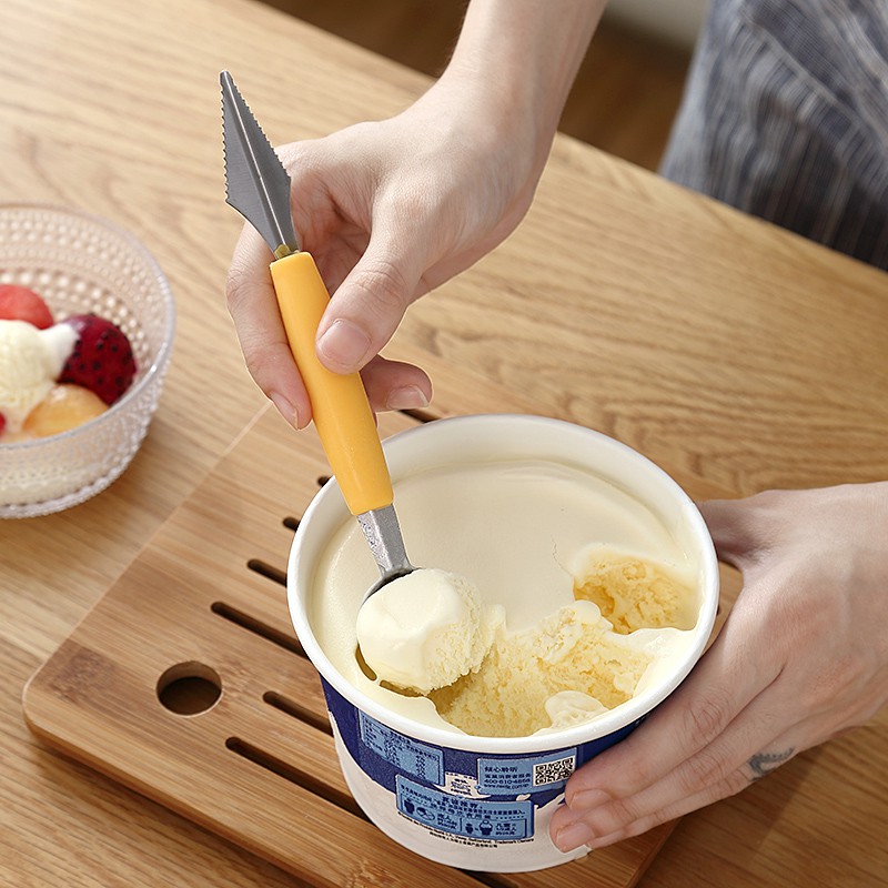 Dao tỉa hoa quả trái cây 2 đầu múc kem dễ dàng có tay cầm 2 đầu bằng inox cao cấp không gỉ màu vàng xanh