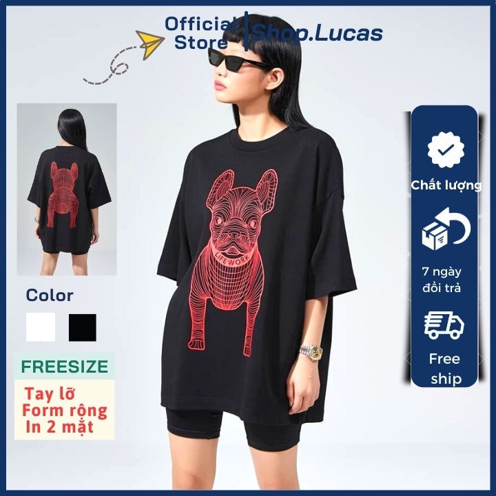 Áo Thun Nam Nữ Unisex hình Chó DOG LIFE WORK màu đỏ 2 mặt Áo Phông Cotton tay lỡ form rộng vải mềm mịn - shop.lucas