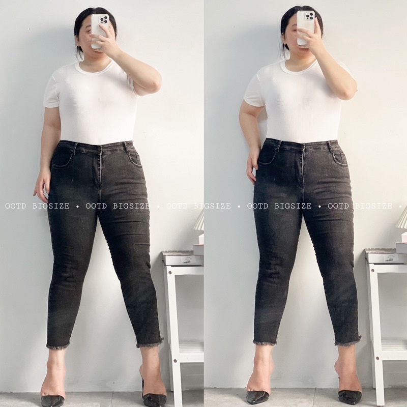 Quần jean bigsize nữ 9 tấc lai tua đen xám