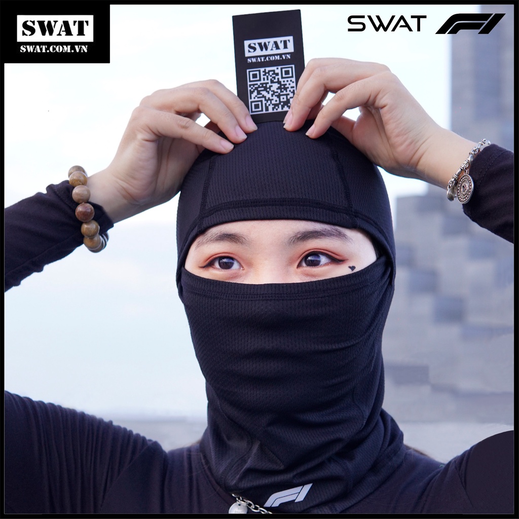 Khẩu trang trùm đầu SWAT F1 màu đen chỉ đen-vải lưới co dãn thấm mồ hôi, che nắng, che gió đi phượt,hoạt động ngoài trời