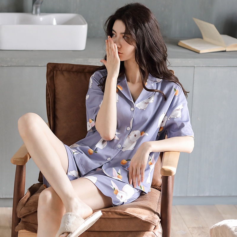 Bộ Đồ Ngủ 100% Cotton Tay Ngắn In Hình Thỏ Dễ Thương Xinh Xắn