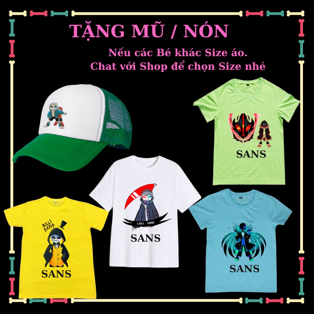 Combo 4 áo thun cộc tay Sans, Error Sans, Ink Sans trẻ em, kèm Mũ lưỡi trai Sans siêu ngầu.