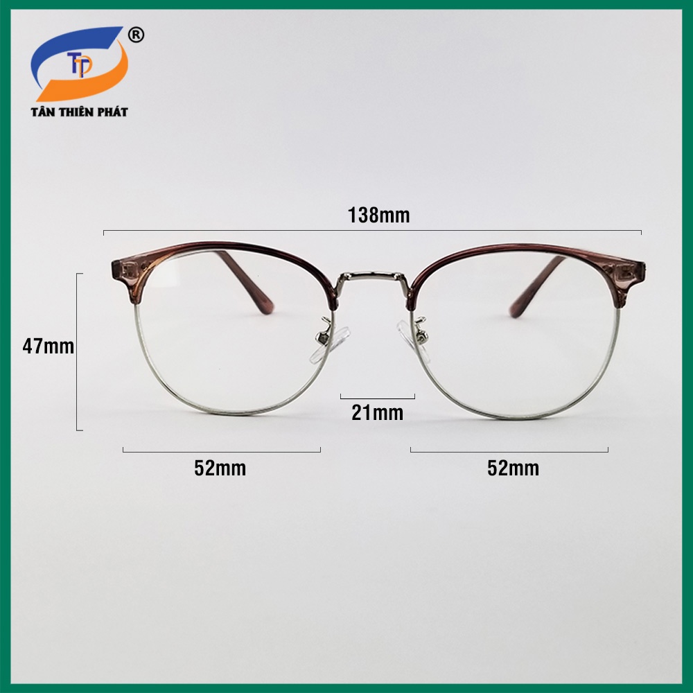 Gọng kính cận nữ/nam mắt tròn kim loại - nhựa 10209 màu nâu, xám, đen. Tròng kính giả cận 0 độ chống ánh sáng xanh, UV