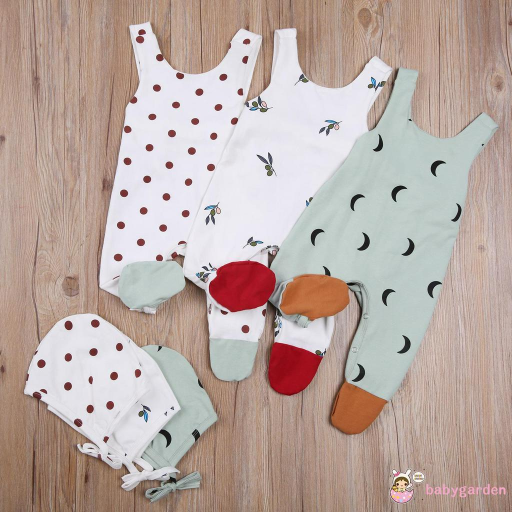 Áo liền quần che chân in hình mặt trăng/chấm bi/lá + mũ trùm thời trang cho trẻ sơ sinh