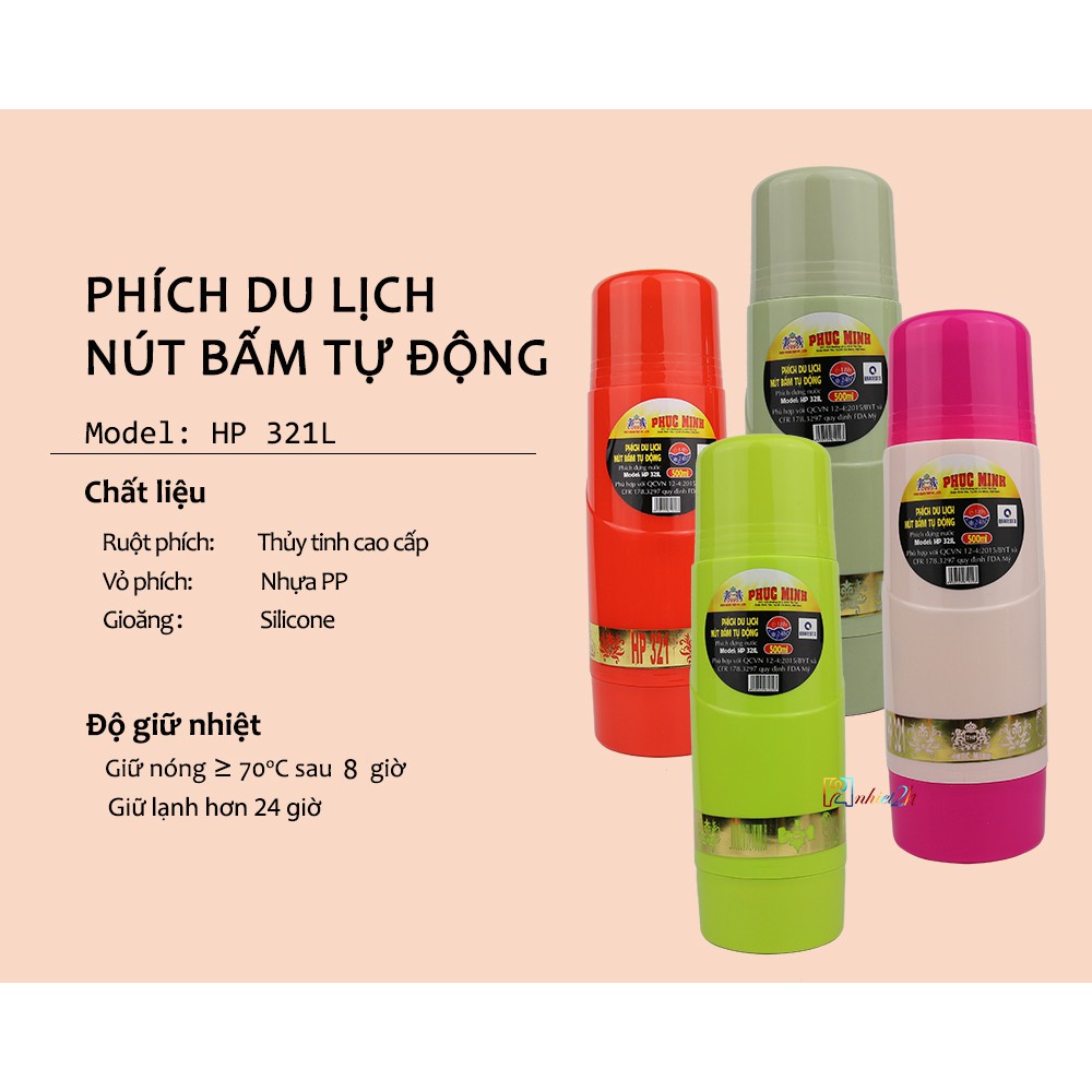 Bình nước giữ nhiệt 500mL - Phích du lịch nút bấm tự động 500mL - HP 321L - Phúc Minh THP