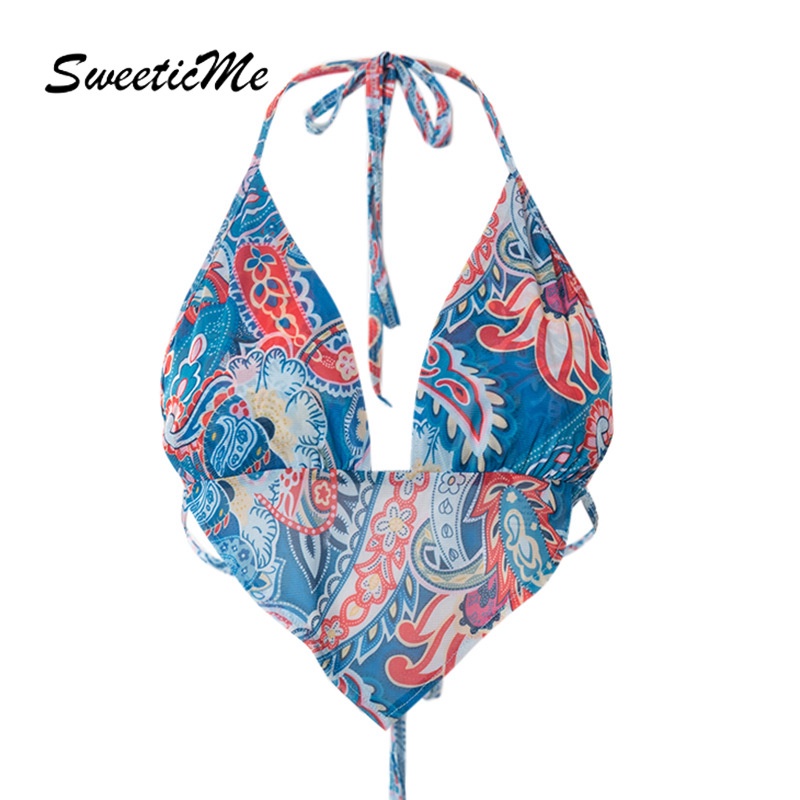 Áo Croptop Sát Nách Cột Dây Hở Lưng In Họa Tiết Thời Trang Quyến Rũ Cho Nữ Sweeticme 2022