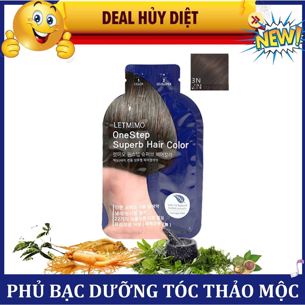 Màu nhuộm KHÔNG HÓA CHẤT LETMIMO Phủ Bạc Dưỡng tóc Thảo Mộc, 3N-Nâu Tự Nhiên (Đen tự nhiên), 1 GÓI/LẦN DÙNG, 24g/gói