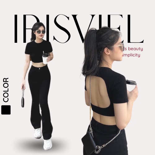 Áo Croptop Hở Lưng, Áo Crt Cổ Tròn Cut Out Lưng Màu Đen Chất Borip Thun Ôm Body Cá Tính Freesize IRISVIEL