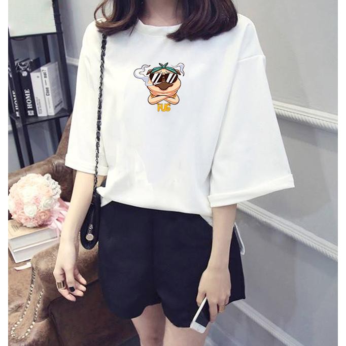 Áo thun tay lỡ Hàn Quốc form rộng in hình chó Pug cá tính vải dày mịn TEEWO132