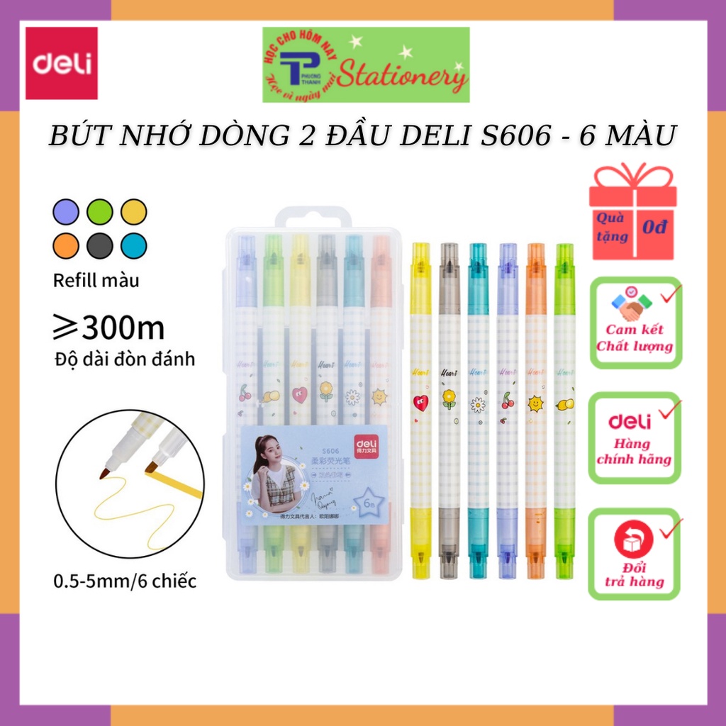 Bút nhớ dòng 2 đầu Deli - 6 màu/hộp - Nét trơn mượt, màu tươi sáng - S606