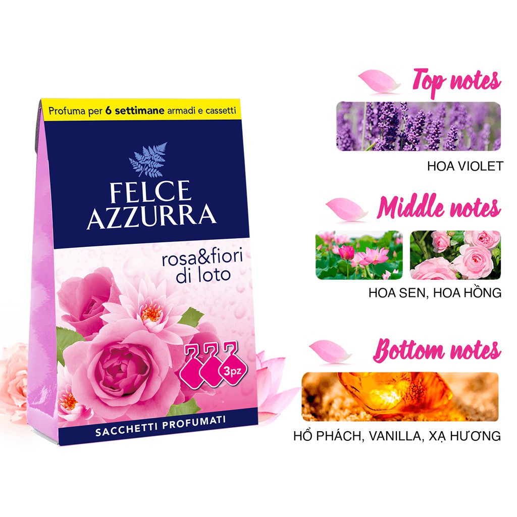Túi thơm 6 tuần treo tủ quần áo hương nước hoa Ý Felce Azzurra 36g, hương cỏ sả, oải hương, hoa hồng