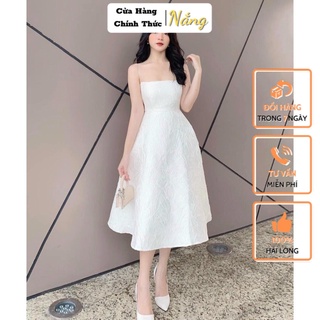 Đầm 2 dây dự tiệc nữ nắng store váy xoè chất vải gấm kiểu dáng hot girl đám cưới, dự sự kiện cao cấp giá rẻ