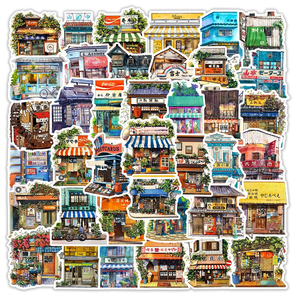 Set 50 chiếc sticker chống nước NGÔI NHÀ ĐƯỜNG PHỐ NHẬT BẢN dán mũ bảo hiểm, vali, laptop, xe máy, đàn guitar - Tanpopo