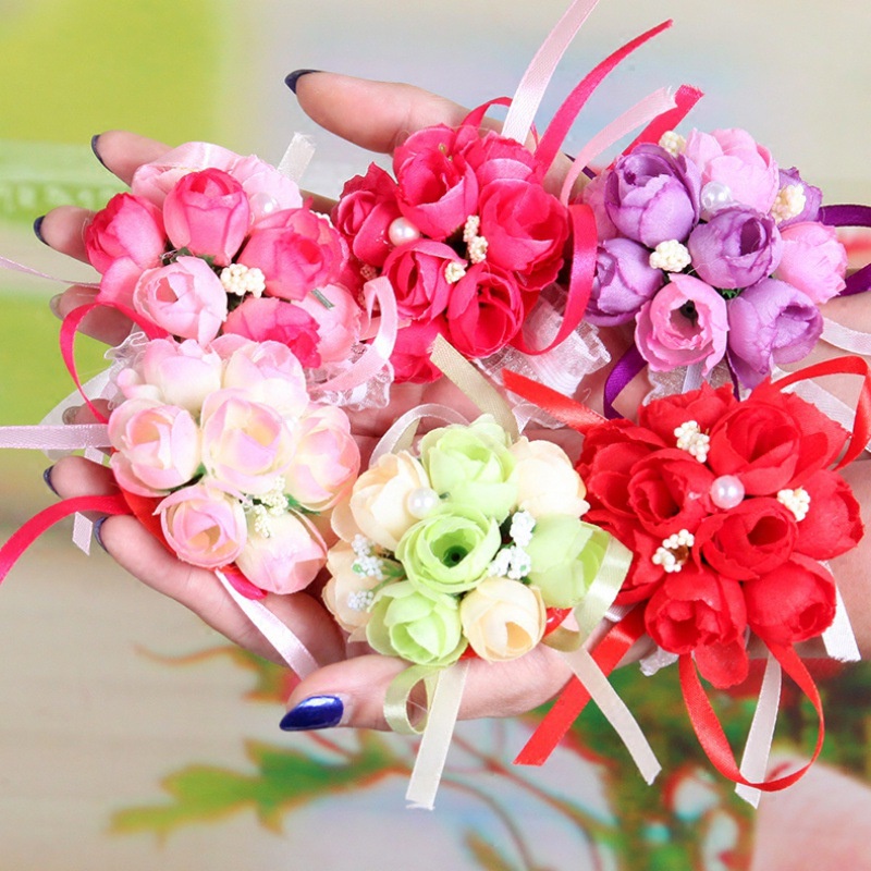 Vòng Hoa Hồng Đeo Cổ Tay Cô Dâu, Phù Dâu, Trang Trí Đám Cưới, Gói Hộp Quà Tặng, Nơ Rút Hình Hoa