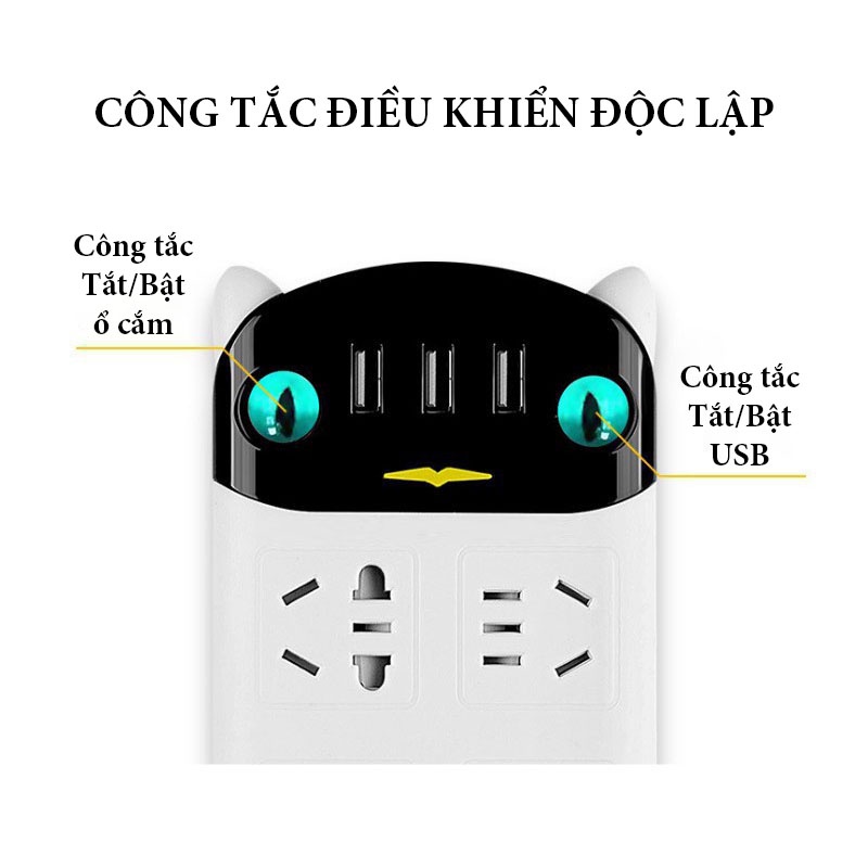 Ổ Cắm Điện Thông Minh Đa Năng Chống Giật, Tích Hợp 3 Cổng Cắm Sạc USB Tiện Lợi Hình CON MÈO VERSION 2 - Gia Dụng Tý Tẹo