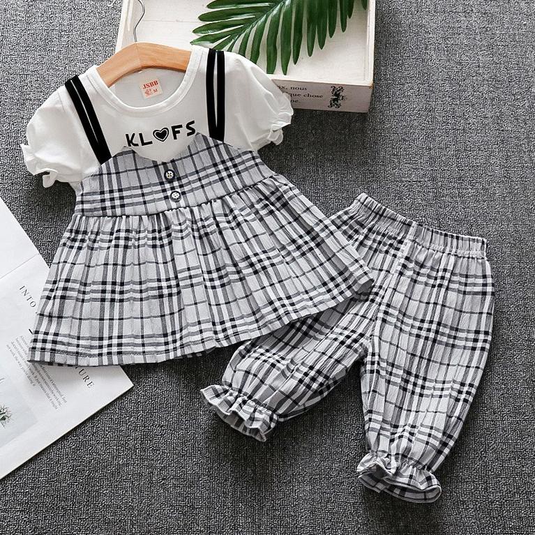 Mới Bộ Quần Áo Cotton Ngắn Tay 2 Trong 1 Nhập Khẩu Hàn Quốc Dành Cho Bé Gái 1-5 Tuổi