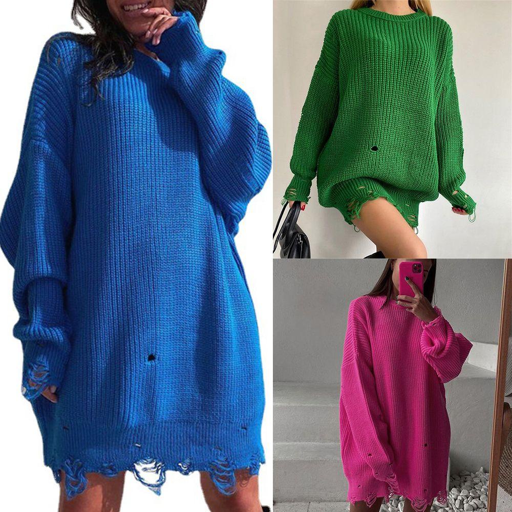 Áo Sweater Tay Dài Cổ Tròn Thiết Kế Rách Thời Trang Thu Đông Cho Nữ