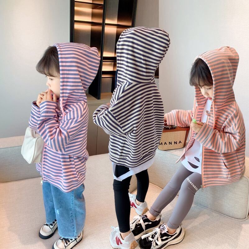 [Bán Chạy] Áo Khoác Cardigan Có Mũ Trùm Dáng Rộng Kẻ Sọc Phong Cách Phương Tây Thời Trang Xuân Thu Cho Bé Gái 7