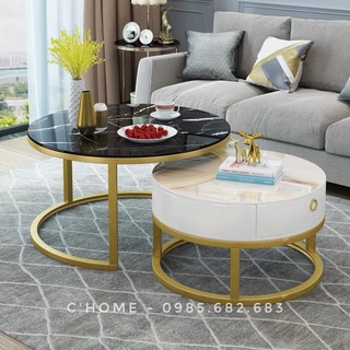 💥💥 bàn trà sofa mặt đá chân sắt, cặp bàn tròn có ngăn kéo c'home