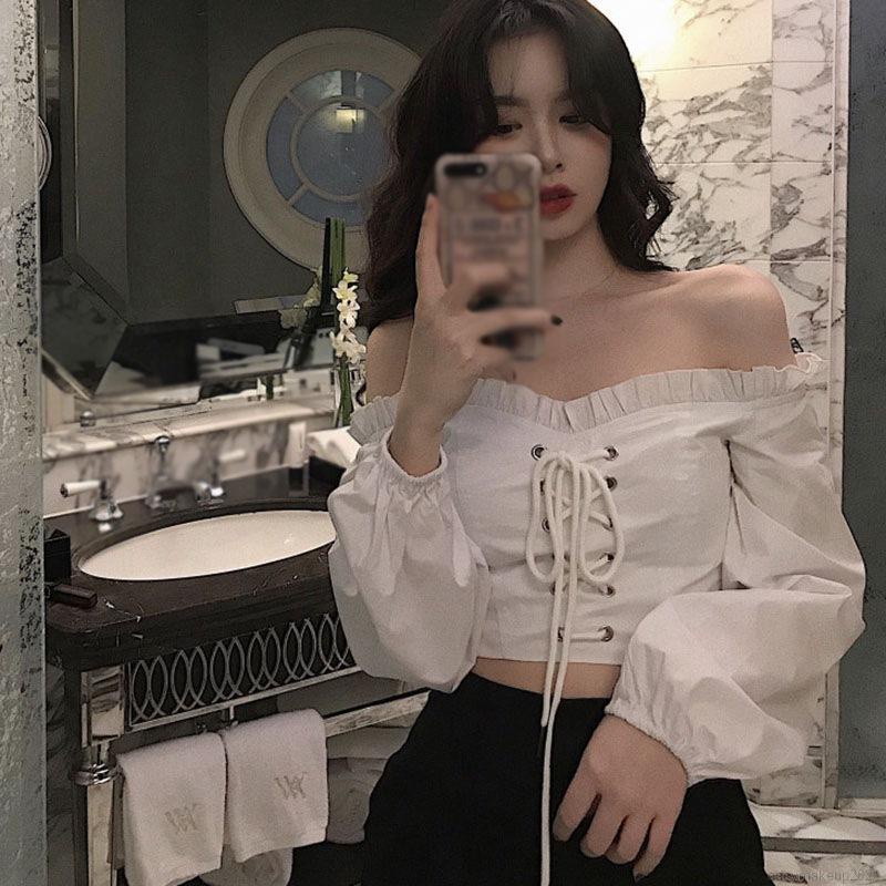Áo Croptop Tay Dài Trễ Vai Phối Dây Thắt Kiểu retro Cá Tính Cho Nữ