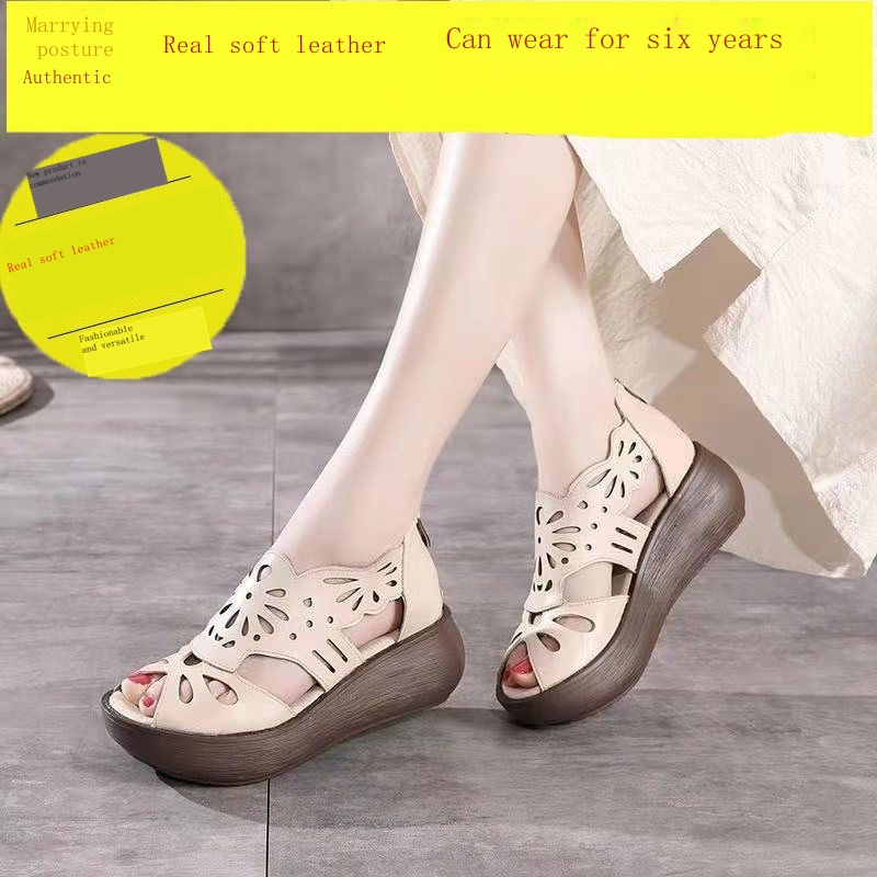 Xăng đan Da Mềm Đế Dày Hở Mũi Thoáng Khí Phong Cách retro Cho Nữ