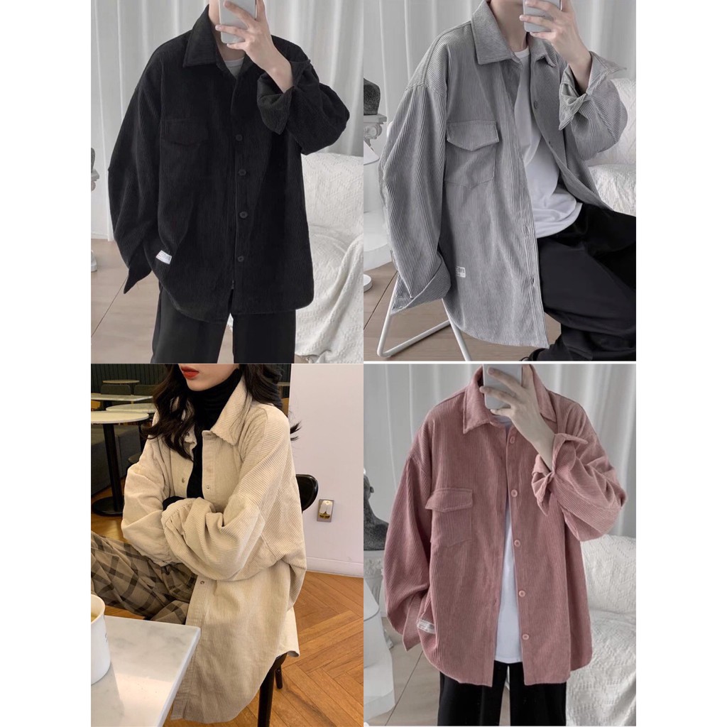 Áo Sơ Mi Nhung Gân Tăm Phong Cách Retro Hàn Quốc Form Rộng Unisex Nam Nữ Ulzzang